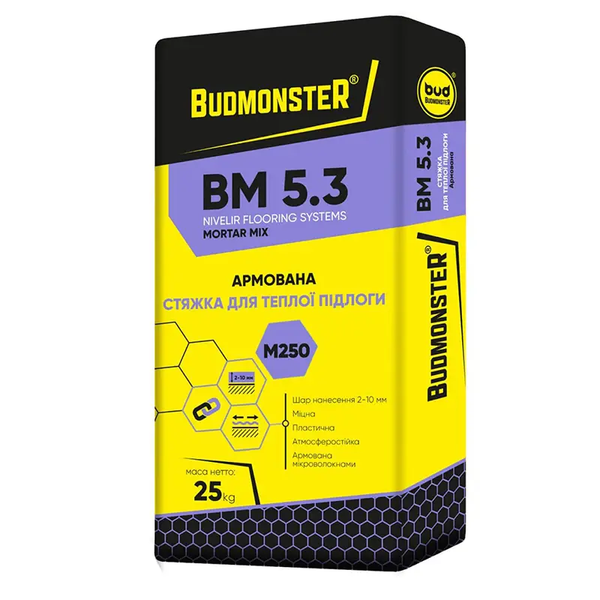 Стяжка цементна армована BudmonsteR BM 5.3, М250, 5-40 мм, 25 кг 100093 фото