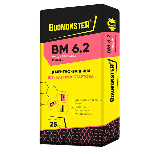 Штукатурка цементно-известковая стартовая BudmonsteR BM 6.2, 25 кг 87014 фото