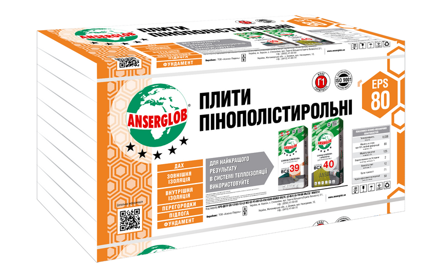 Пенопласт 50 мм Anserglob EPS 80 (1 х 1 м) 15 кг/м³ 108393 фото